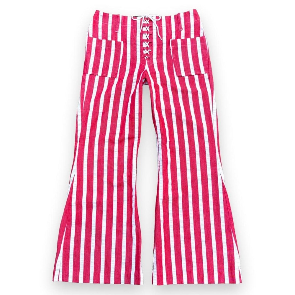 vintage 70s Bogart of Texas red & white lace up vertical striped flare pants